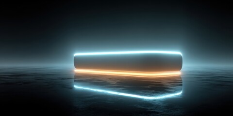Horizontal Glowing Neon Cylinder on Dark Reflective Surface with Blue and Orange Light image photo