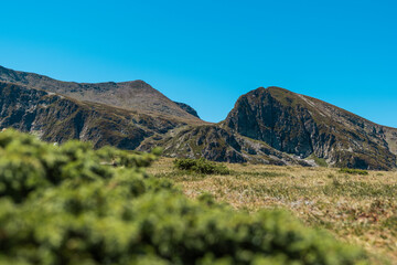 Mountain view of the Rila Mountains in Bulgaria. Seven Rila Lake hike. Eco trails. Connection with nature.