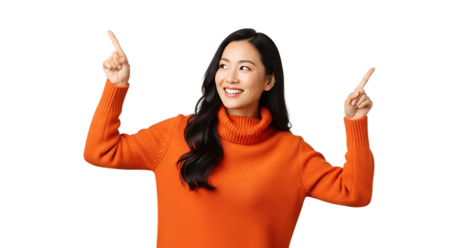 Asian woman in orange sweater pointing up, isolated on transparent background - Powered by Adobe