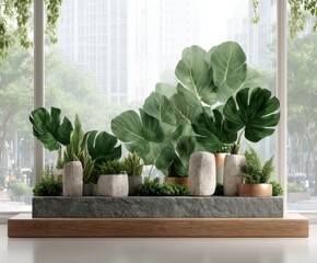 Indoor Plant Display On Stone Base With Cityscape View Through Window indoor plants