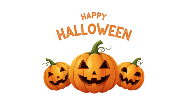 Happy halloween text above three carved pumpkins isolated on transparent background