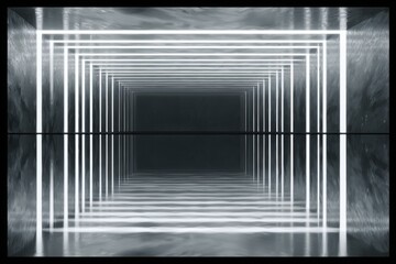 Infinite Tunnel of Glowing Rectangular Lights in a Dark, Reflective Space abstract architecture