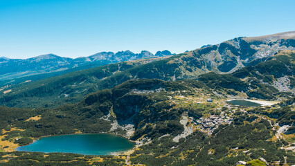 Mountain view of the Rila Mountains in Bulgaria. Seven Rila Lake hike. Eco trails. Connection with nature.