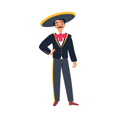 Mexican Man Character in Traditional Clothes and Sombrero Hat Standing Vector Illustration