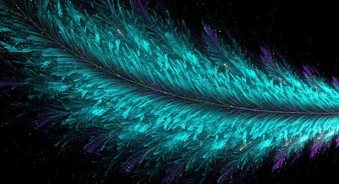A close-up of a vibrant teal and purple feather with intricate barbs against a dark background
