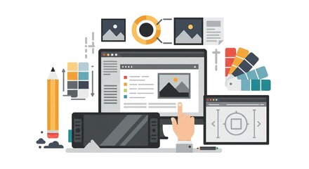 Modern design concept showing creative process with graphics tablet, swatches, and computer screen for professional branding and visual content creation