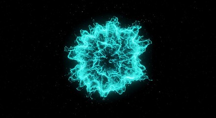 A glowing cyan energy sphere with intricate filament patterns against a dark background