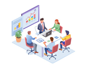 Business team meeting discussing growth charts and financial reports