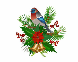 A festive christmas bird perched among holly poinsettias and bells