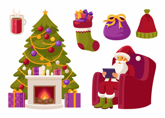 Cozy christmas scene with santa relaxing by the fireplace