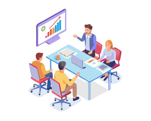 Business team meeting discussing growth chart on screen