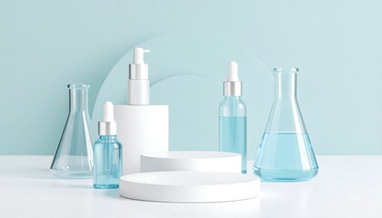 Beauty serum and laboratory glassware on podiums Skincare products and science background.