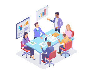 Diverse business team collaborating in a modern office meeting room with charts