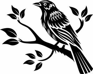 Stylized black bird perched on a branch with leaves