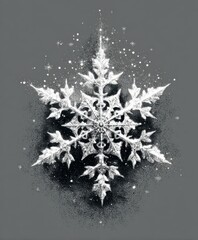 Intricate Snowflake with Glittering Dust and Particles on a Dark Gray Background winter cold