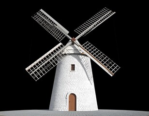 3D rendered white windmill on black background