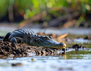 Crocodile resting in marsh