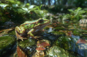 Obraz premium a green water frog sits on wet stones in shallow water