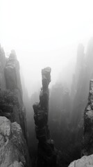 Jagged rock spires emerge from dense fog in a dramatic black and white landscape mountain mist