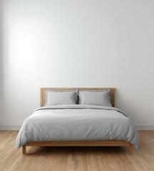 A minimalist bedroom interior displays a light gray bed set upon a light brown wooden floor.