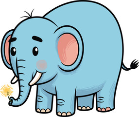 Cartoon blue elephant, cute jungle animal, flower holding character, kids vector illustration, friendly wildlife design, playful safari clipart, children art