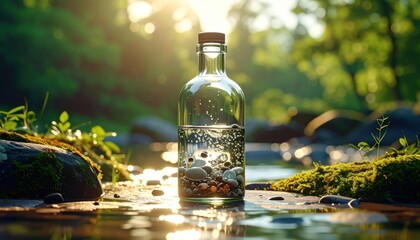 Glass bottle in creek setting