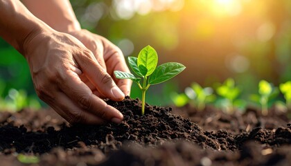 Hands planting seedling outdoors