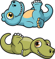 Cartoon dinosaurs lying on back, cute prehistoric animals, vector illustration, children’s content, playful dino characters, black background, smiling reptiles