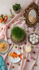 Nowruz Persian New Year Flat Lay with Green Sprouts and Eggs