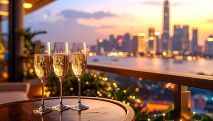 Champagne glasses cityscape view