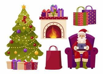 Santa claus sitting in a chair with a laptop next to a christmas tree fireplace and gifts