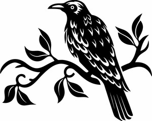 Stylized black bird perched on a branch with leaves