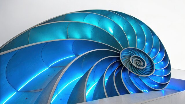 Close up view of a vibrant blue nautilus shell showing its beautiful spiral fibonacci sequence