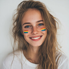 Smiling young woman holding a rainbow flag