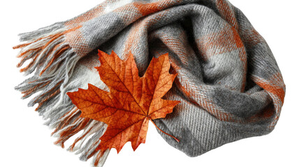 Cozy Plaid Wool Scarf with Autumn Maple Leaf Isolated on White Background