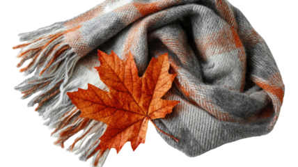 Cozy Plaid Wool Scarf with Autumn Maple Leaf Isolated on White Background