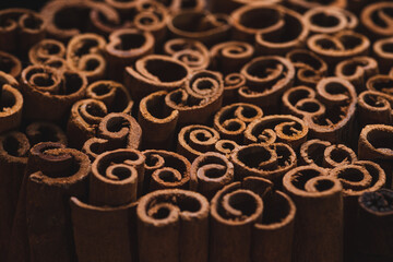 A lot of cinnamon sticks are removed macro
