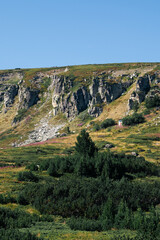 Fototapeta premium Mountain view of the Rila Mountains in Bulgaria. Seven Rila Lake hike. Eco trails. Connection with nature.