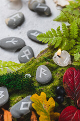Runes on stones among autumn leaves
