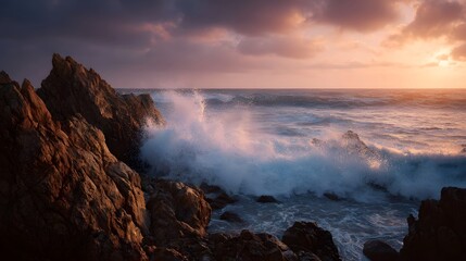 Fototapeta premium Powerful ocean waves spectacularly crash against rugged coastal rocks under a dramatic sunset sky