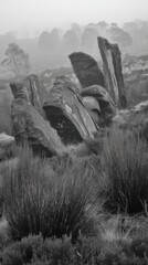 Large weathered rock formations stand amidst tall grass and sparse trees in a foggy landscape rocks