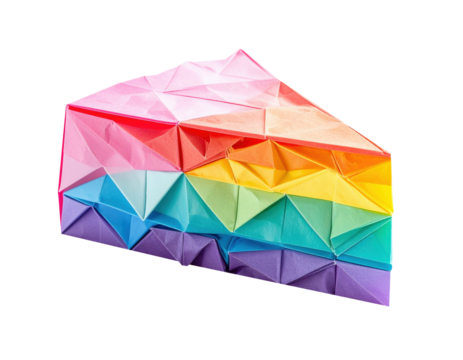Rainbow cake slice origami, geometric paper dessert, pastel color layers, folded triangle texture, playful minimal style delight