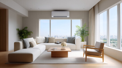 Calm and peaceful modern penthouse living room interior with large sofa. bright, spacious room features beautiful city view from large window, creating relaxing scene