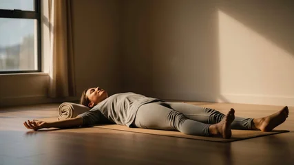 A woman lies on a yoga mat in the final relaxation pose, shavasana, after an intense class. Concept of relaxation and serenity © Irina Kulikova