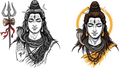 Lord Shiva illustration, Hindu deity art, trident and damaru, spiritual symbolism, religious vector, meditation pose, snake necklace, crescent moon, rudraksha beads