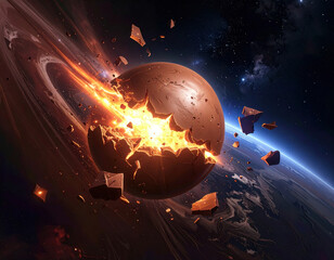 Exploding planet molten core cosmic energy space debris lava blast deep space ring system shattered crust dramatic light star field