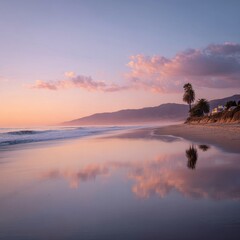 Obraz premium Serene Coastal Sunset - Reflective Beach Scene with Pastel Sky and Calm Waters.