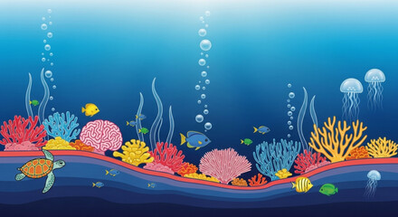 Vibrant underwater scene illustration featuring colorful coral reefs, diverse marine life, and a serene ocean backdrop