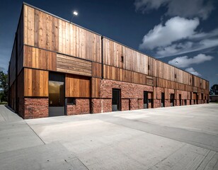 Modern industrial building with wood and brick facade