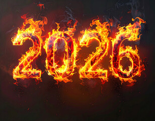 Flaming 2026: The numerical figure of 2026 dramatically rendered in fiery hues against a smoky backdrop. It is an abstract and symbolic representation of future concepts.